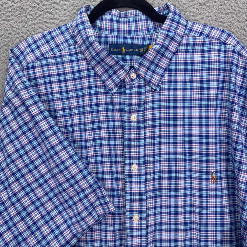 Ralph Lauren Shirt Men 4XB Blue Plaid Short Sleeve Button Office Preppy Everyday